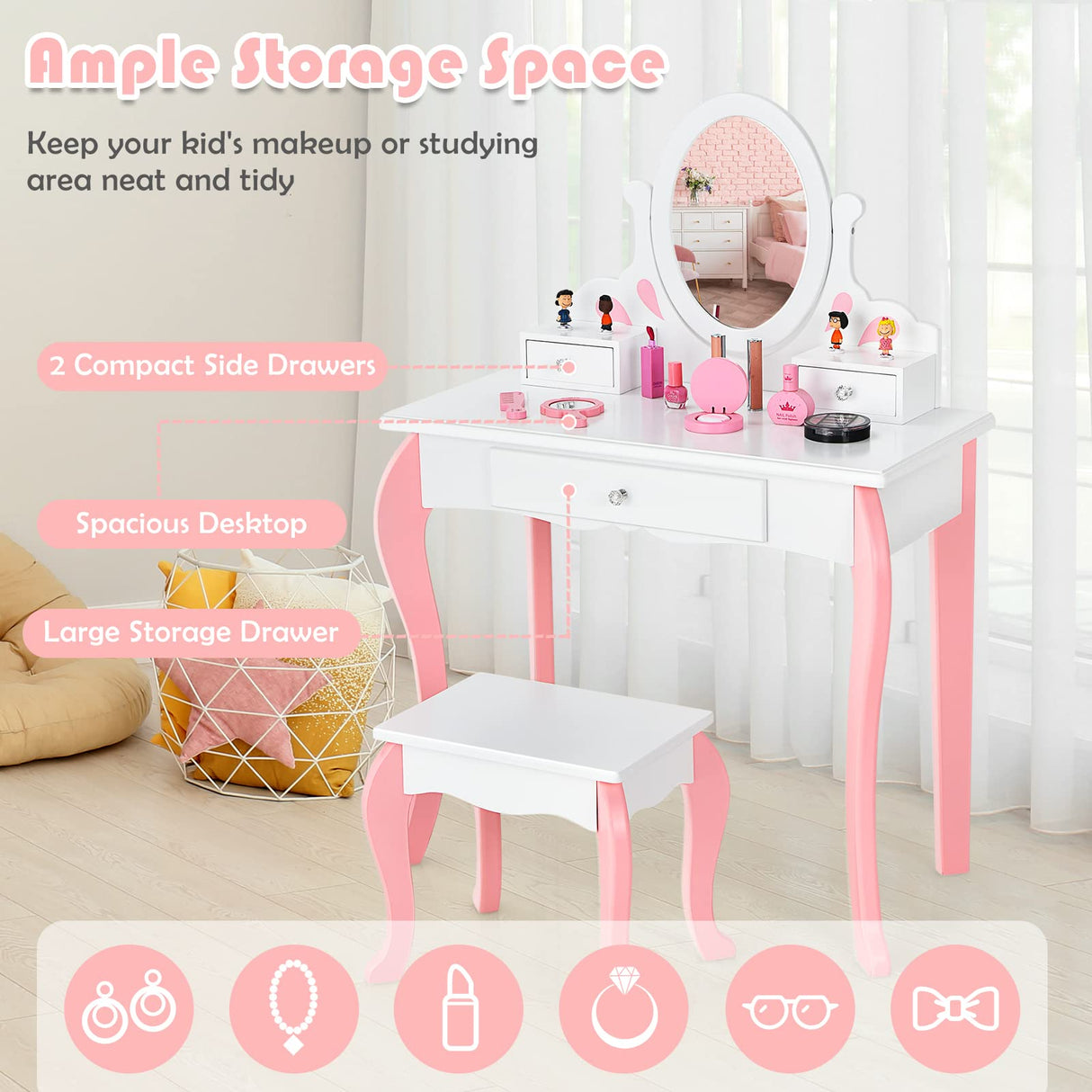 HONEY JOY Kids Vanity and Stool Set, Toddlers Pretend Play Vanity Set w/ 3 Drawers & 360° Rotating Oval Mirror