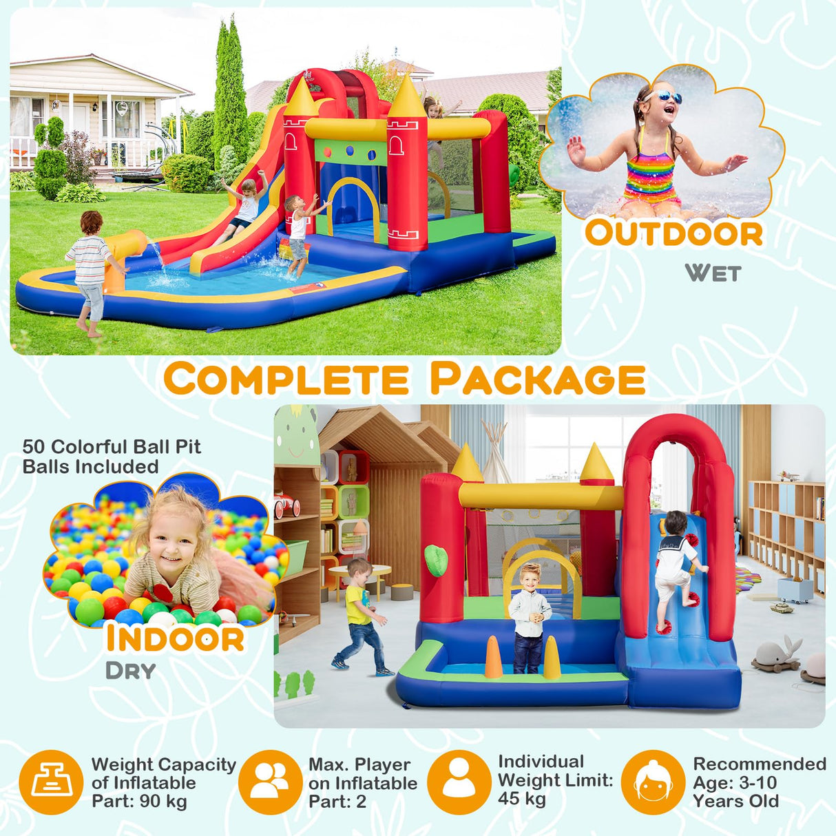 HONEY JOY Inflatable Water Slide, Outdoor Water Park Bouncy House with Ring-tossing