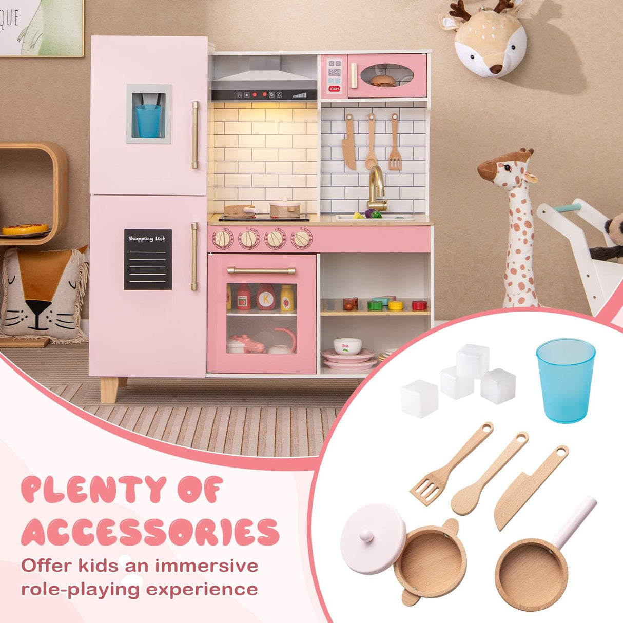 HONEY JOY Kids Kitchen Playset, Wooden Pretend Play Kitchen w/Ice Maker, Range Hood