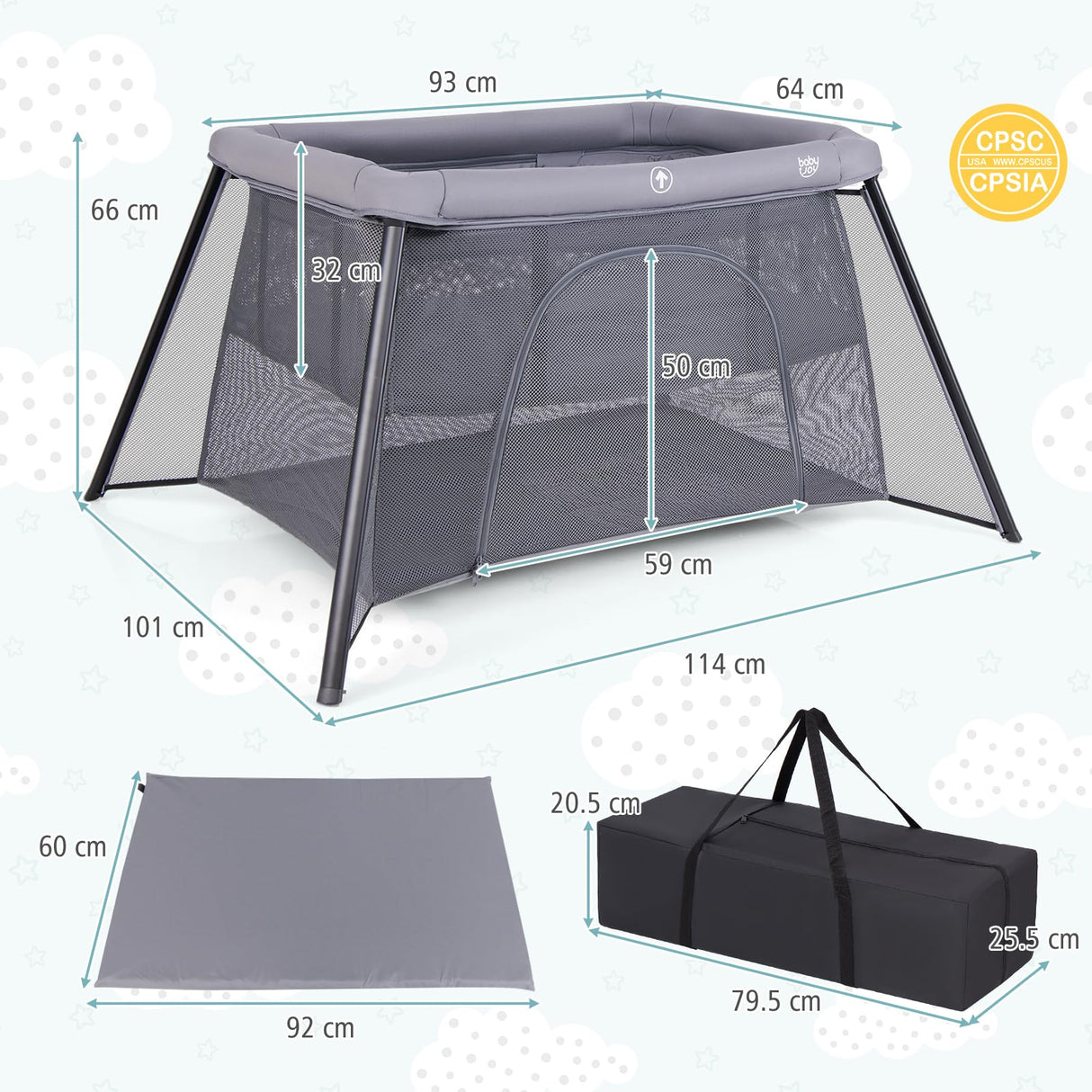 BABY JOY Foldable Portacot, 2-in-1 Baby Travel Cot with Safety Enclosure & Padded Mattress