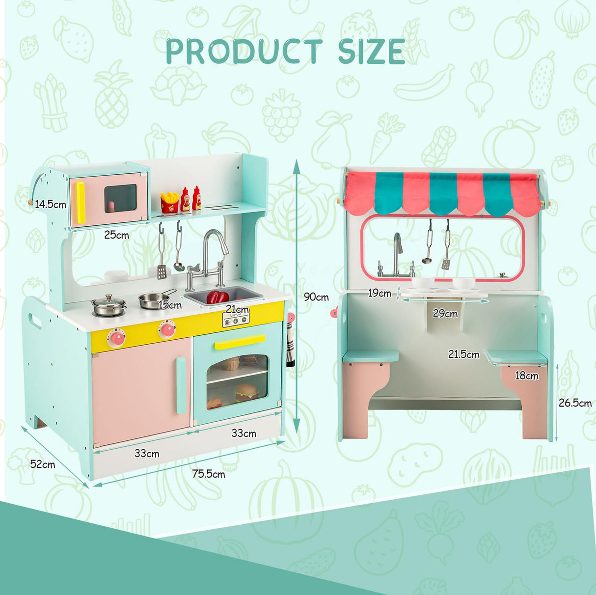 HONEY JOY 2 in 1 Kids Play Kitchen Restaurant, Pretend Play Double Sided Wooden Kitchen Playset