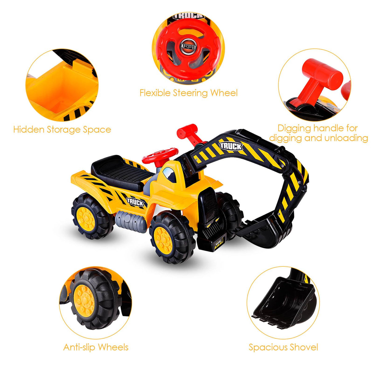 HONEY JOY Kids Ride On Excavator, Outdoor Digger Scooper Pulling Cart W/Safety Helmet Horn Underneath Storage