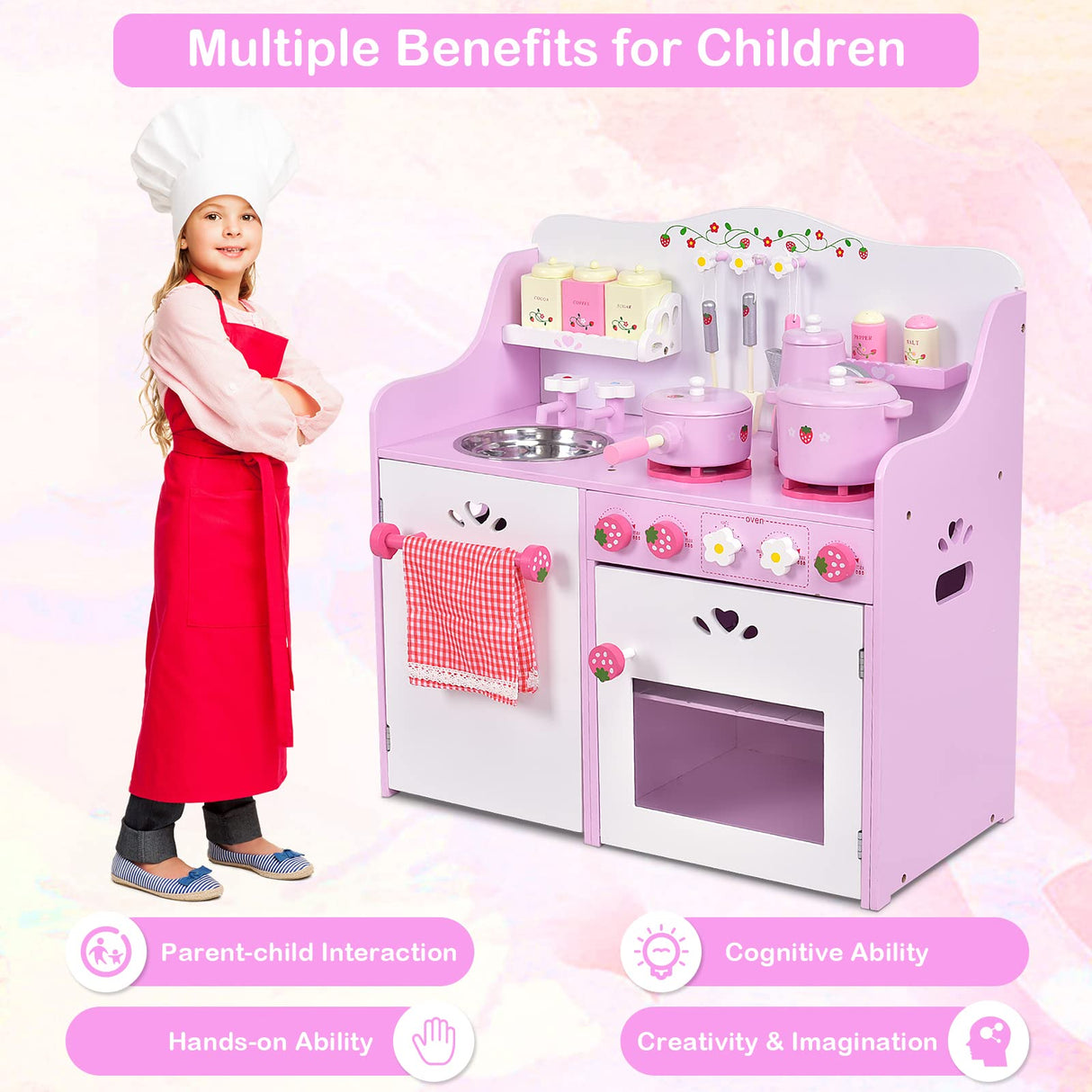 HONEY JOY Kids Kitchen Playset, Wooden Strawberry Themed Pretend Play Set for Children