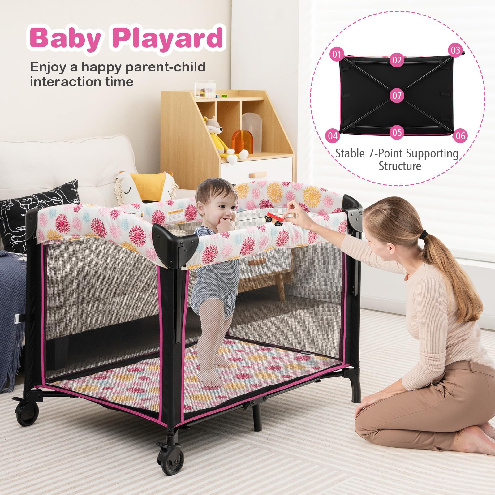 BABY JOY 4 in 1 Baby Portacot Co Sleeper Bassinet with 3 Adjustable Heights Music Box Changing Table