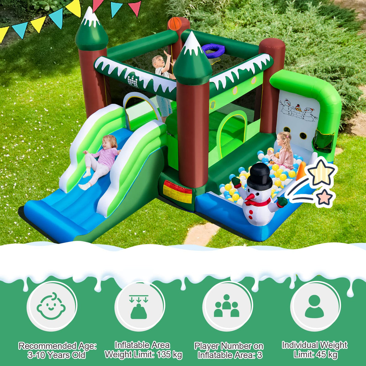 HONEY JOY Kids Inflatable Bounce House, Christmas Snowman Jumping Castle for Children (with 680W Blower)