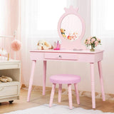 HONEY JOY Kids Vanity Set with Real Mirror & Cushioned Stool, Crown Shape Princess Makeup Dressing Table Stool Set