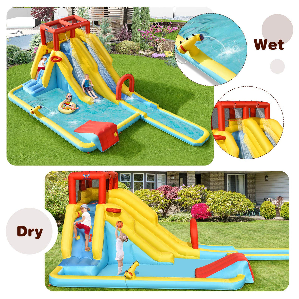 HONEY JOY Inflatable Water Slide, 7-in-1 Double Long Slide Inflatable Water Park w/Climbing Wall