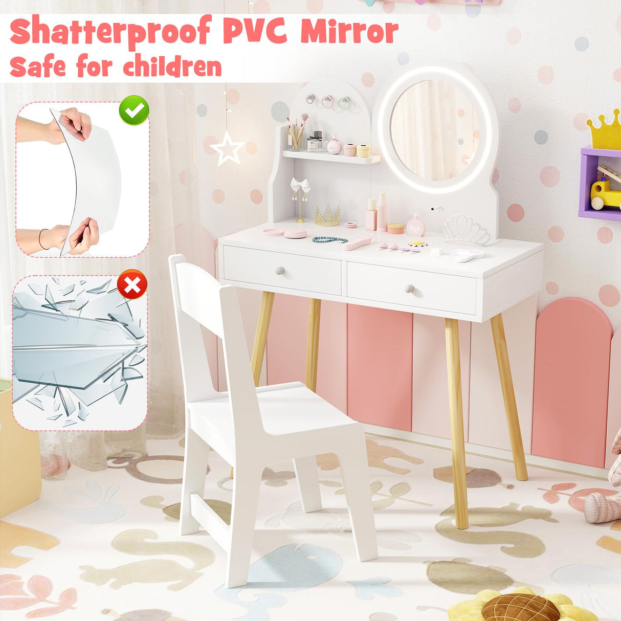 Kids Vanity Set, Princess Dressing Table with Chair, 2-Color Front Lit Mirror, 2 Drawers, Open Storage Shelve