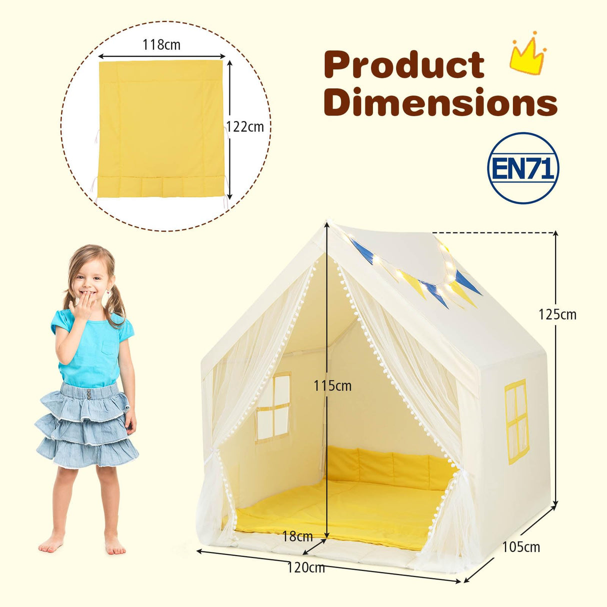 HONEY JOY Large Play Tent, Kids & Toddlers Playhouse with Washable Cotton Mat, Star Lights, Windows