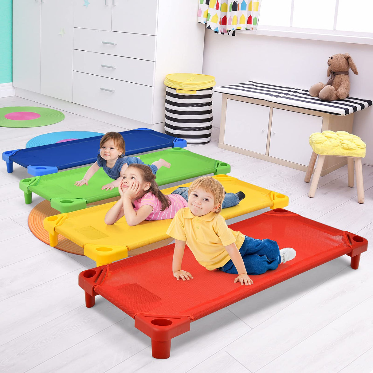 HONEY JOY Kids Stackable Naptime Cot, Toddler Daycare Cots Rest Mat w/ Easy Lift Corners