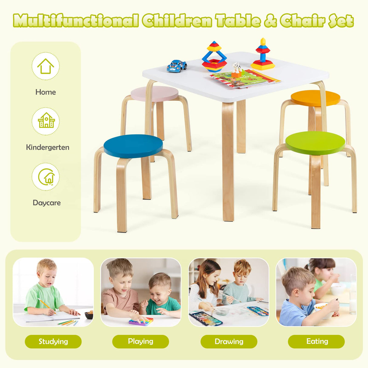 HONEY JOY 5 Pieces Kids Table & Chair Set, 1 Square Table & 4 Round Chairs