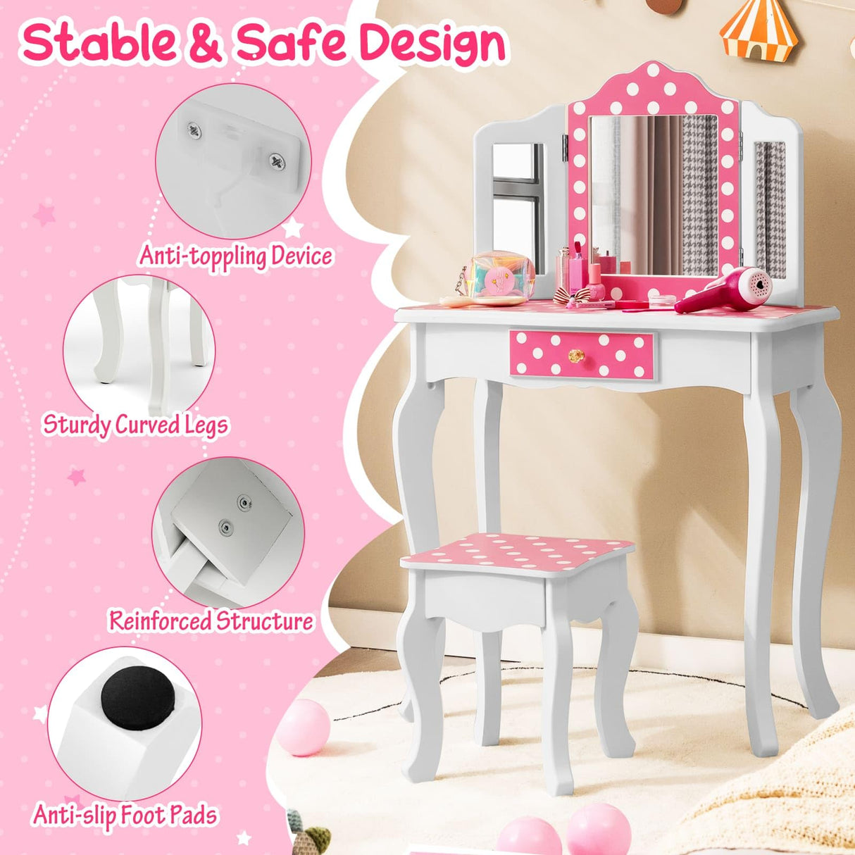 HONEY JOY 2 in 1 Kid Vanity Table & Stool Set Pretend Play Makeup Dressing Table