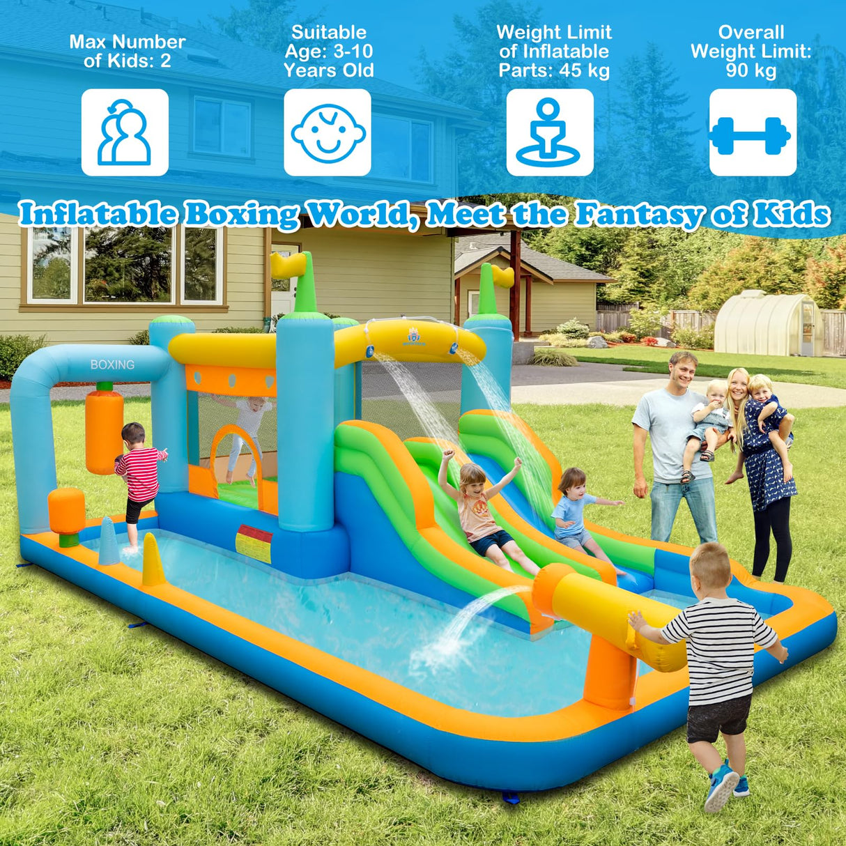 HONEY JOY Inflatable Water Slide, Kids Jumping Castle Bounce House w/Dual Slides, Boxing Sandbag, Splash Pool