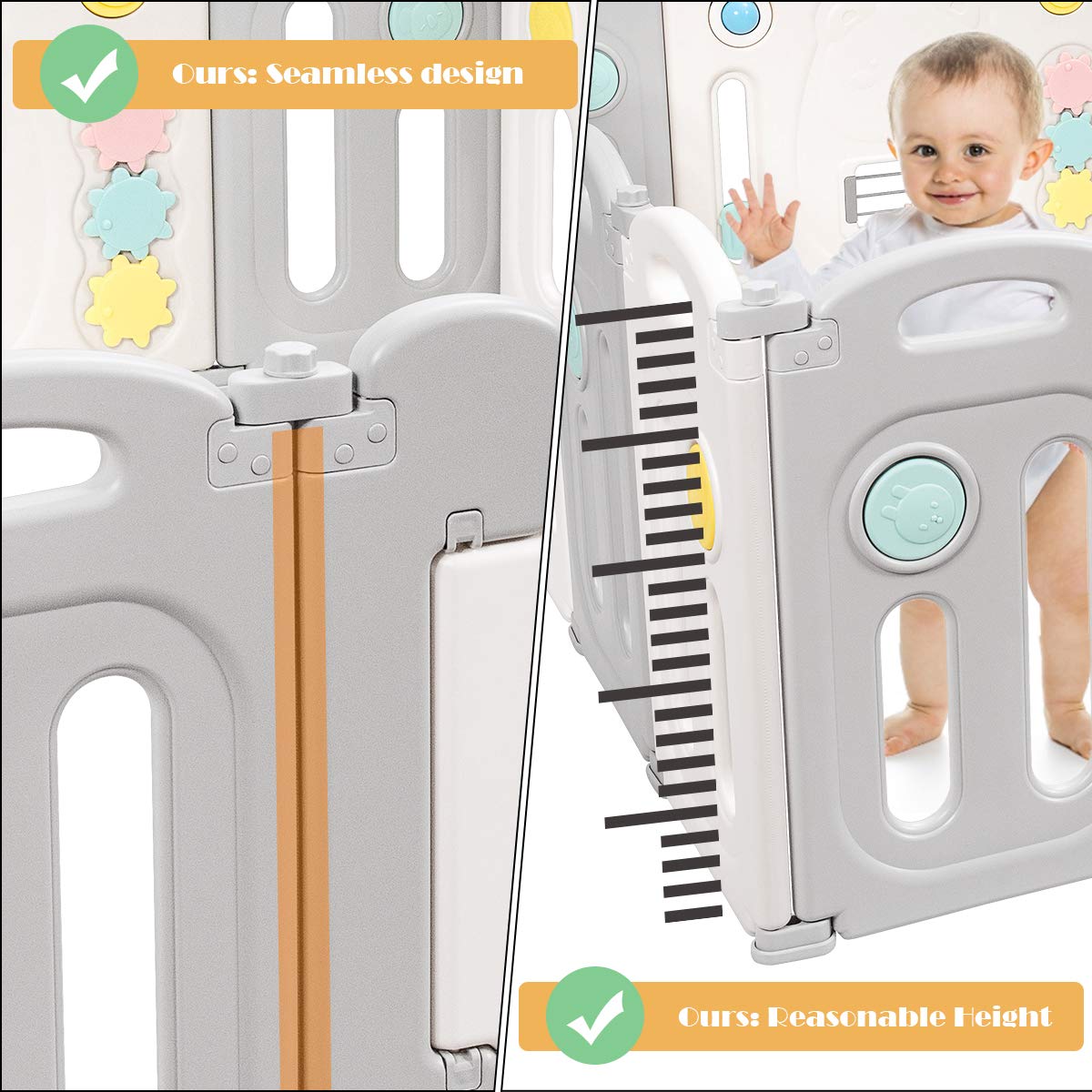 BABY JOY Foldable Baby Playpen 16 Panels, Kids Safety Yard Activity Center with Cute Bear Pattern, Storage Bag, Door with Safety Lock & Educational Toys