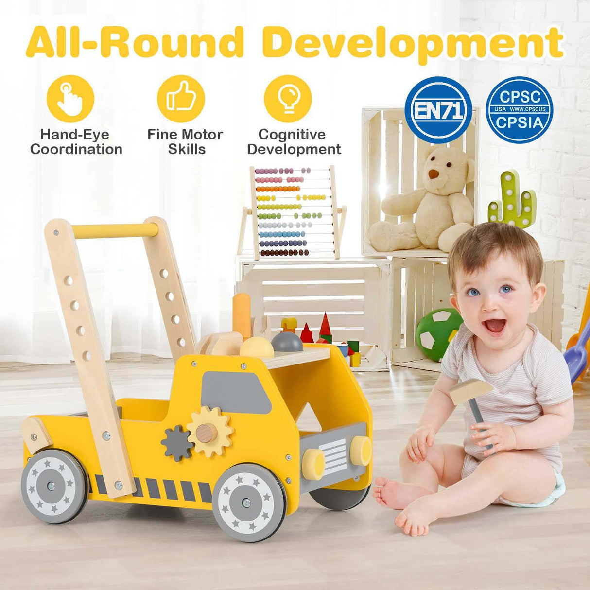 2-in-1 Wooden Baby Walker Toddler Montessori Push and Pull Walker w/Tool Kit Toy