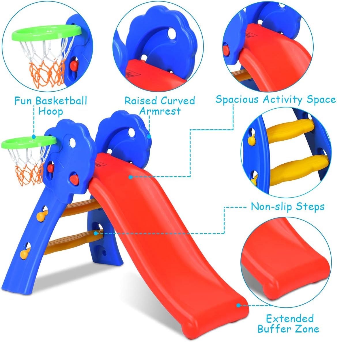 HONEY JOY Kids Slide with Basketball Hoop, 2 in 1 Foldable Slide and Climber for Children for Indoor and Outdoor Use