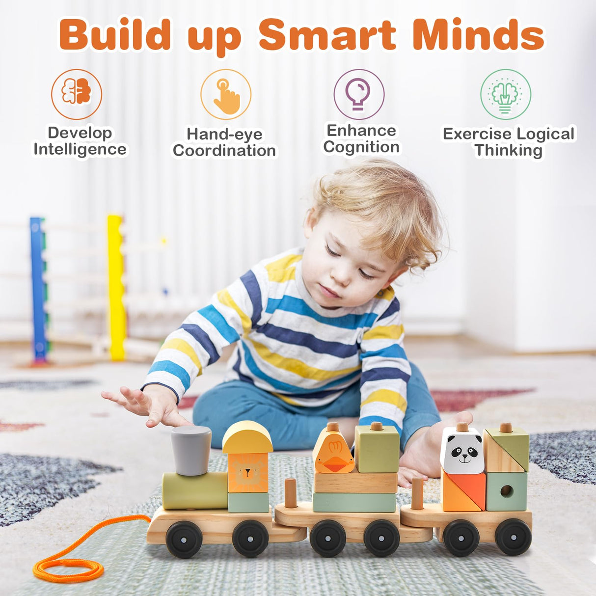 HONEY JOY Wooden Train Set, 3-Section Toy Train with Stackable Building Blocks