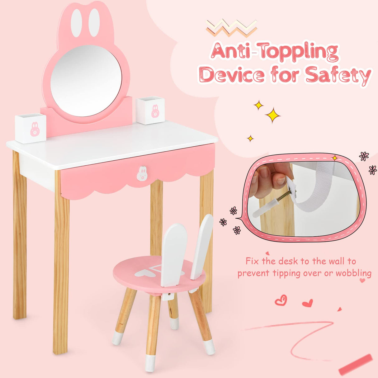 HONEY JOY Kids Vanity Table & Chair Set, Makeup Dressing Table w/Detachable Top, Drawer & Storage Boxes