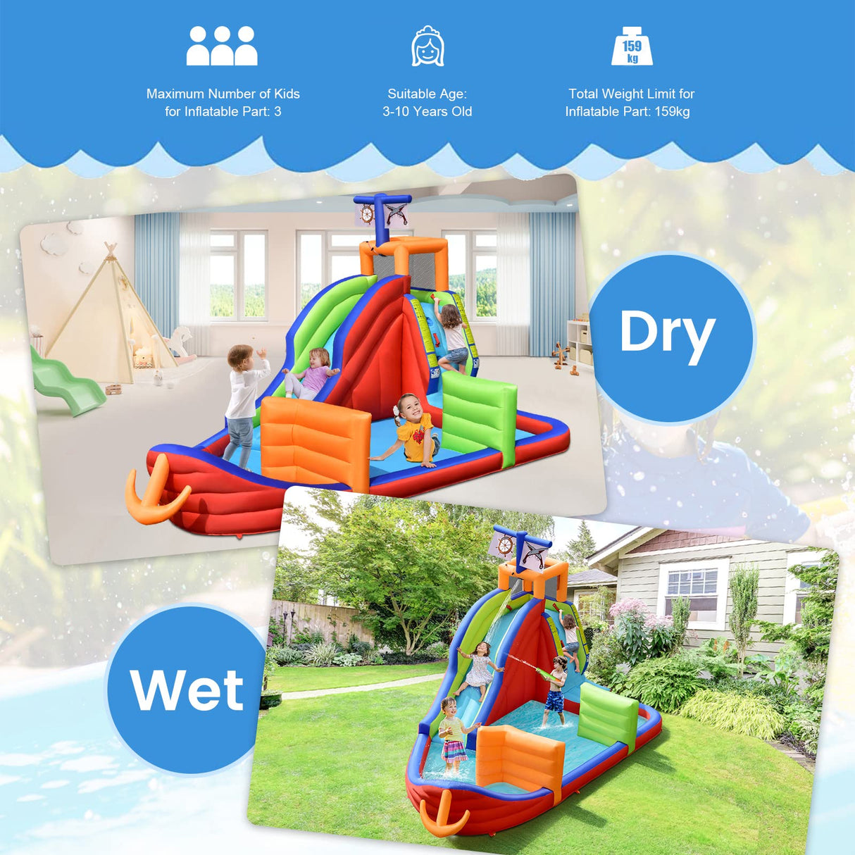 HONEY JOY Inflatable Waterslide, 6-in-1 Pirate Ship Bounce House w/Long Slide, Climbing Wall, Splash Pool