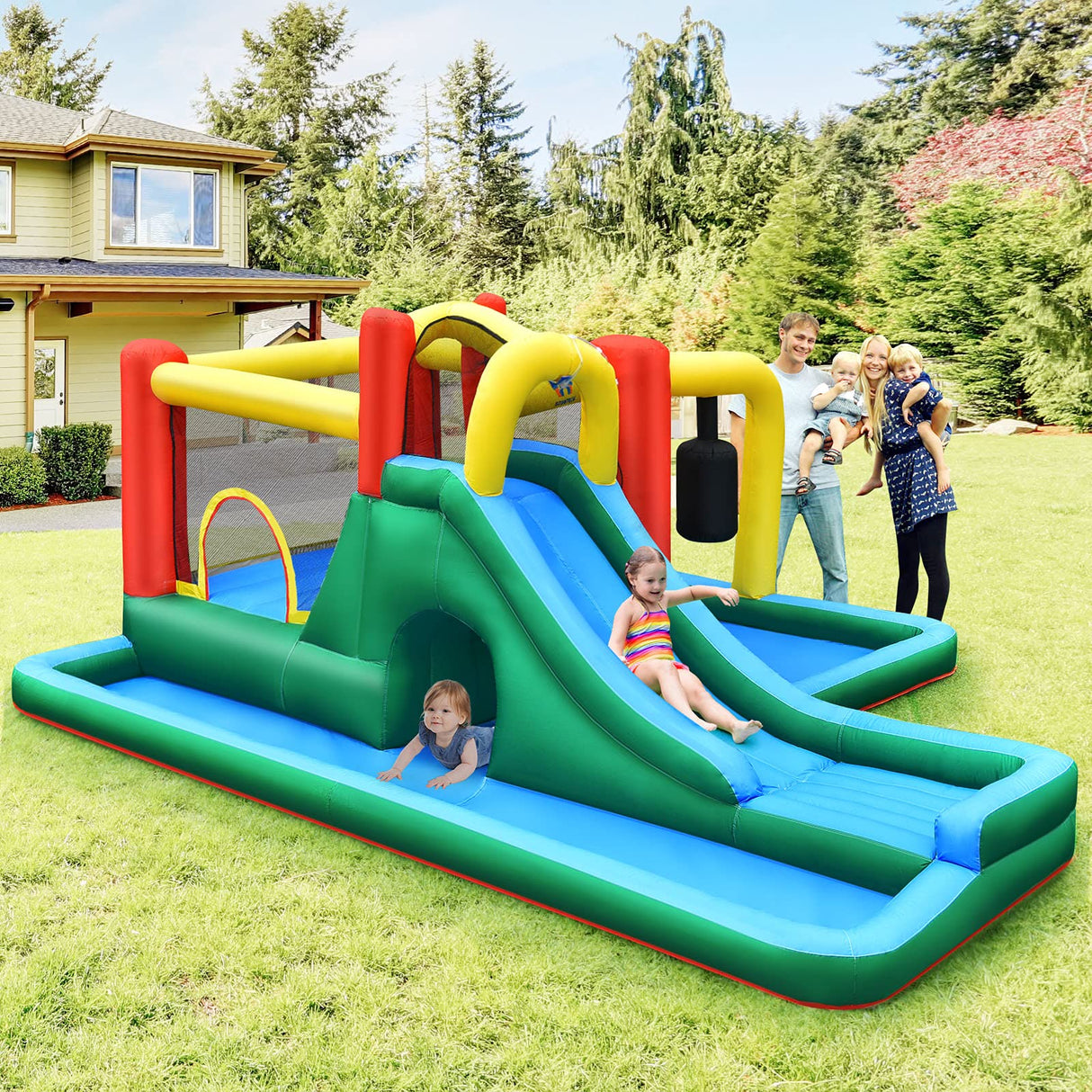 HONEY JOY Inflatable Water Slide, 6-in-1 Kids Water Slide Jumping Bounce House, Inflatable Pool with Slide