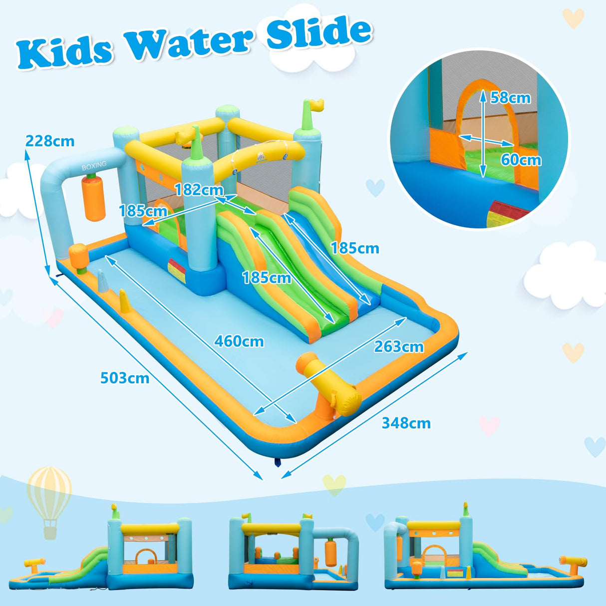 HONEY JOY Inflatable Water Slide, Kids Jumping Castle Bounce House w/Dual Slides, Boxing Sandbag, Splash Pool