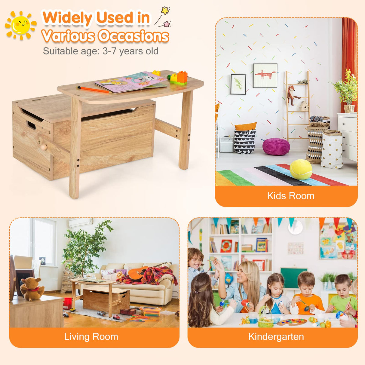 HONEY JOY Kids Table and Chair Set, 3-in-1 Convertible Wooden Toy Storage Bench with Handle