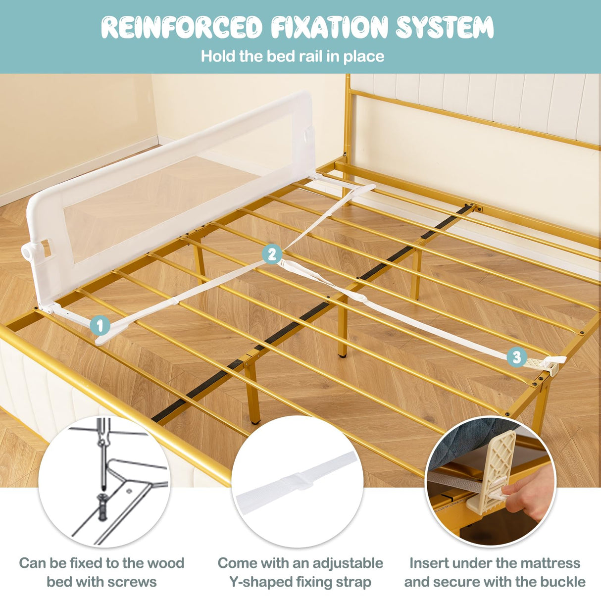 BABY JOY Foldable Bed Rail for Toddlers, 152 x 42 cm Swing Down Baby Bed Guard Rail w/Adjustable Safety Strap