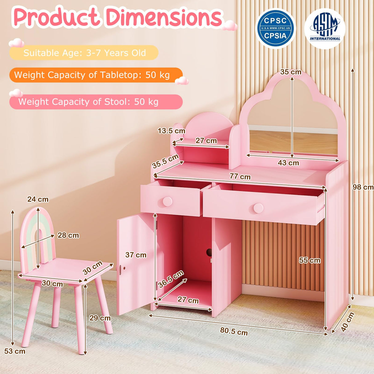 HONEY JOY 2-in-1 Kids Vanity Set w/Mirror, Princess Makeup Table w/Detachable Top, Chair