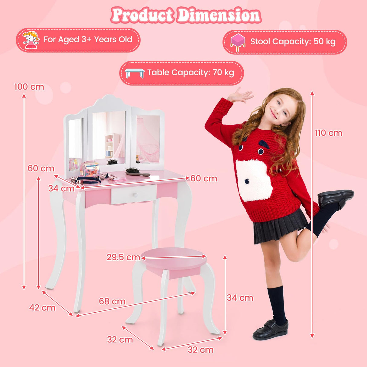 HONEY JOY Kids Vanity Table and Chair Set, 2-in-1 Kids Pretend Play Makeup Dressing Table Set with Tri-Folding Mirror