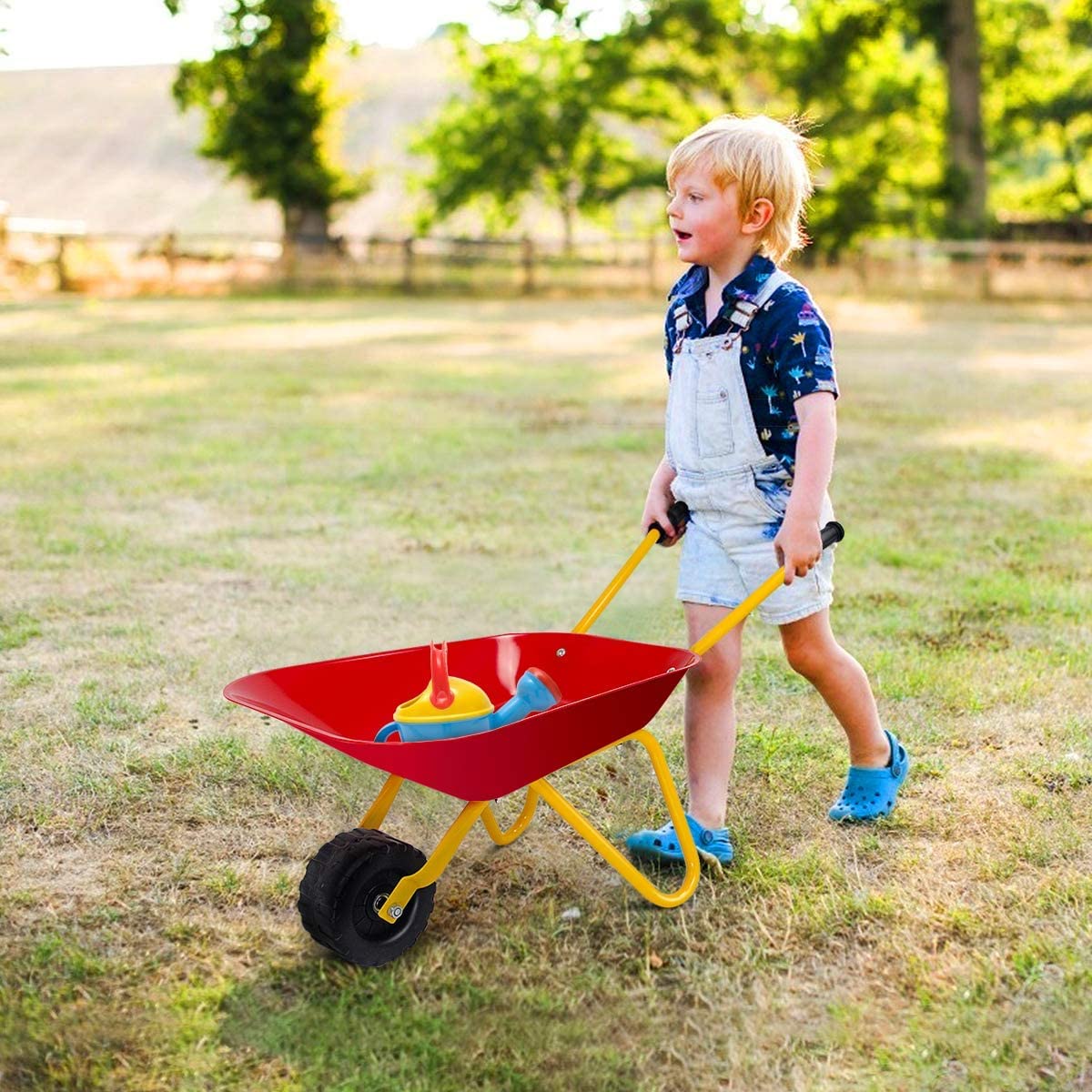 BABY JOY Kids Wheelbarrow, Children Steel Garden Wheelbarrow w/Non-Slip Handle, Wearable Wheels