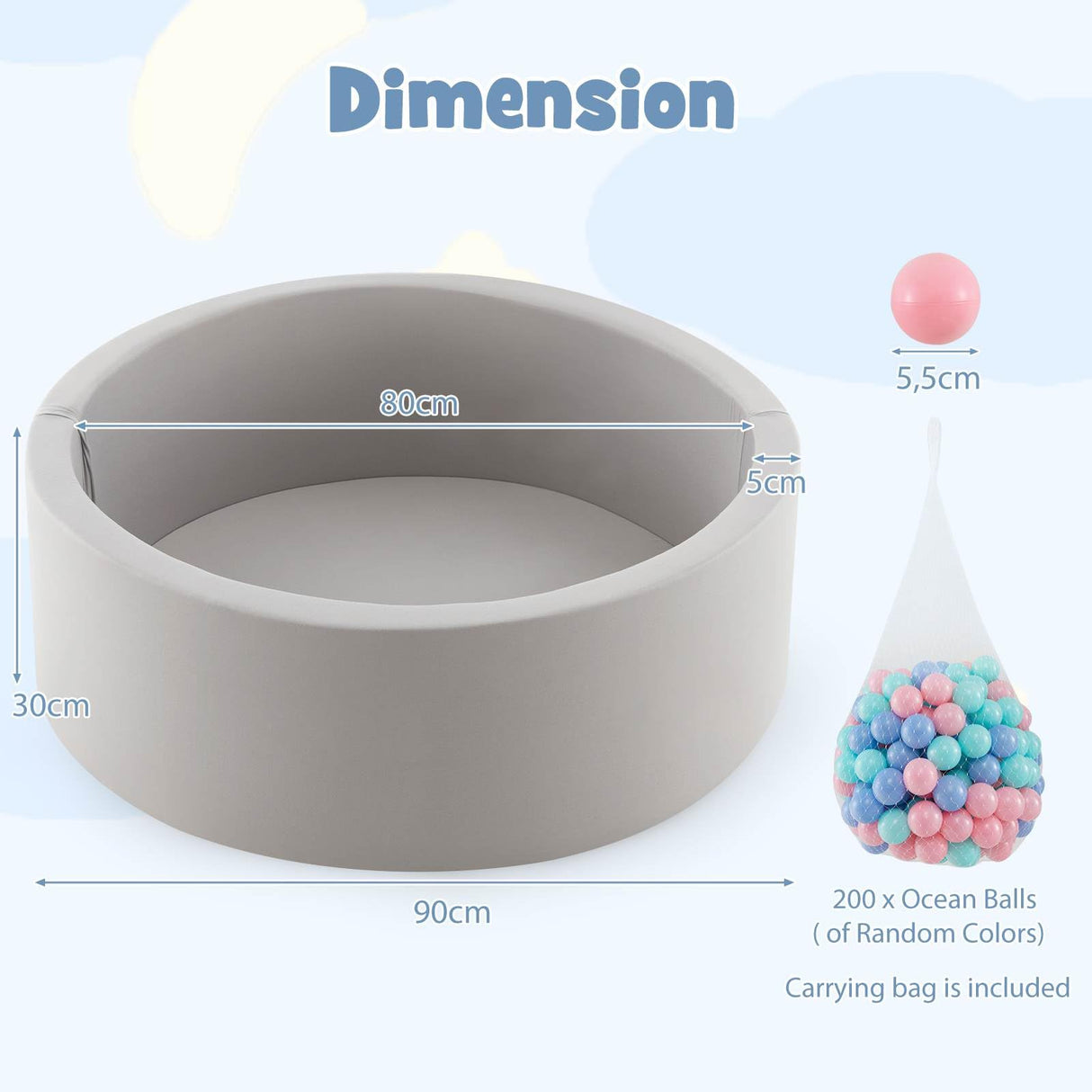 BABY JOY Foam Ball Pit for Kids, Soft Round Ball Pool Playpen Fence with 200 Ocean Balls & Storage Bag