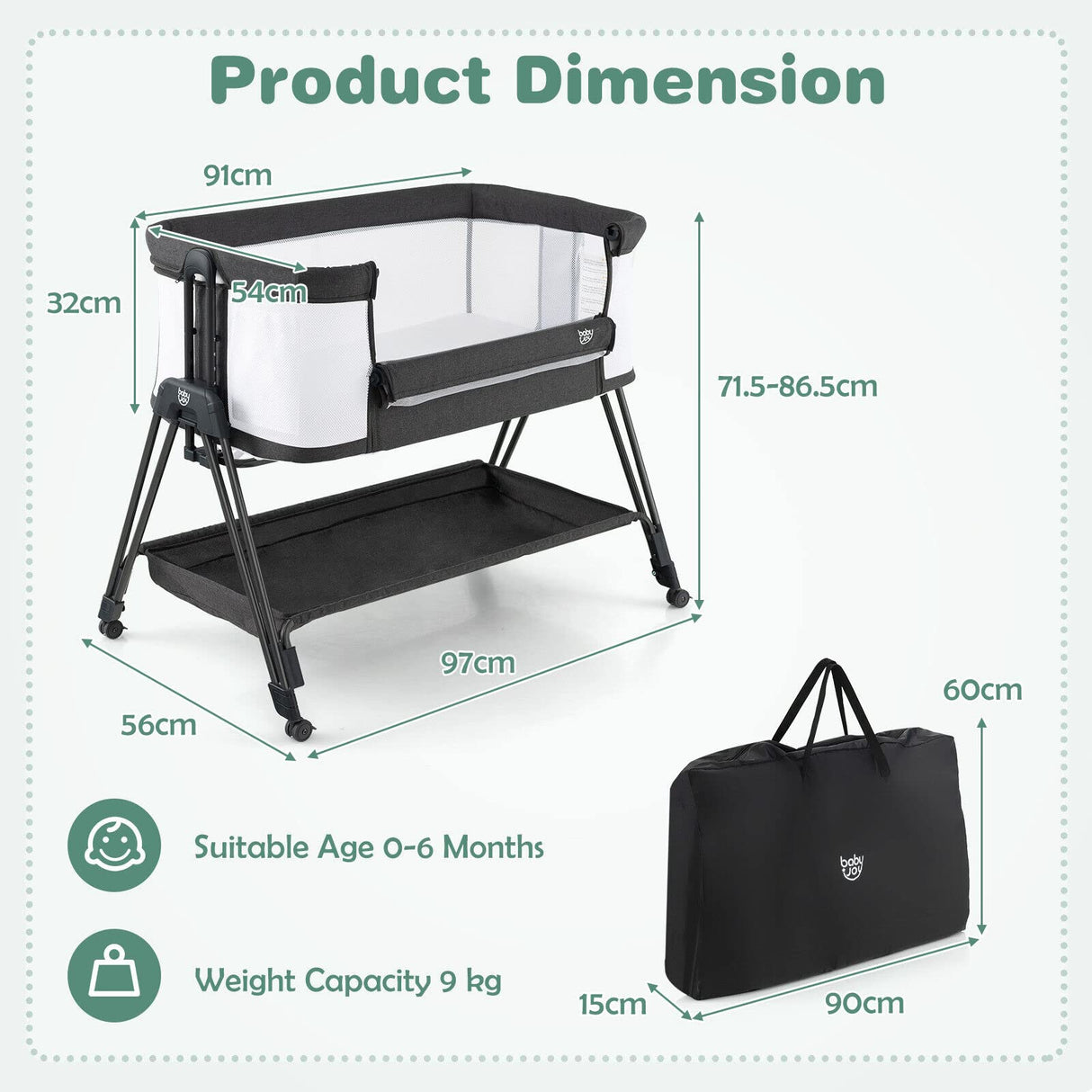 BABY JOY Baby Cot Bed Crib Portable Bassinet Bedside Sleeper Height Adjustable