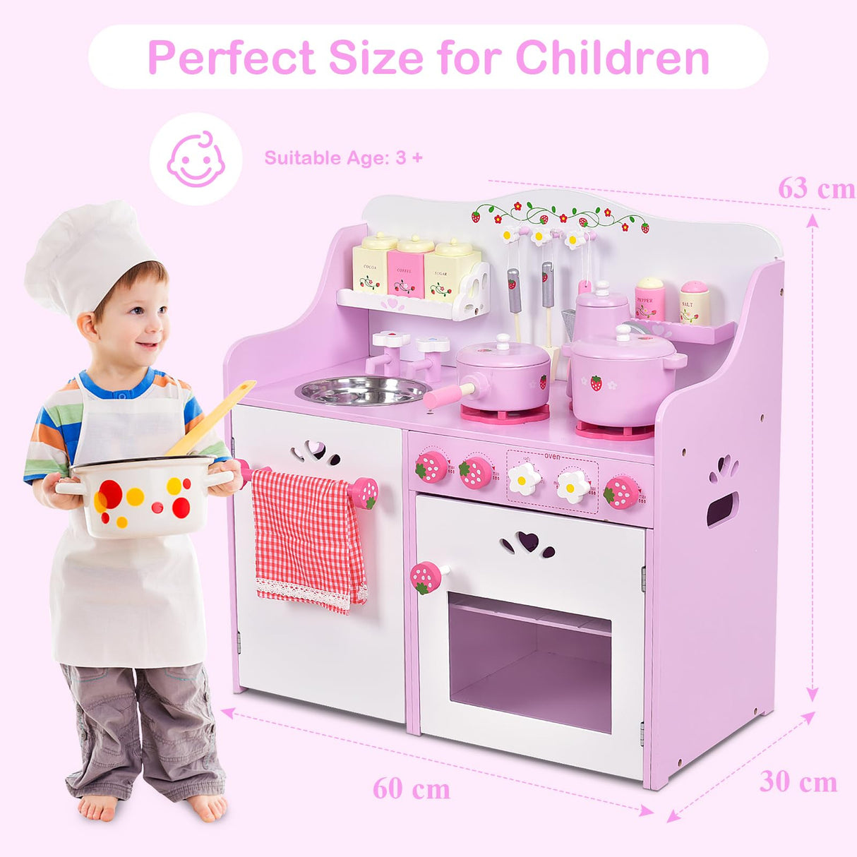 HONEY JOY Kids Kitchen Playset, Wooden Strawberry Themed Pretend Play Set for Children