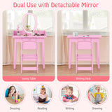 HONEY JOY Wooden Kids Vanity Set w/Lighted Mirror, Makeup Beauty Dressing Table w/Chair