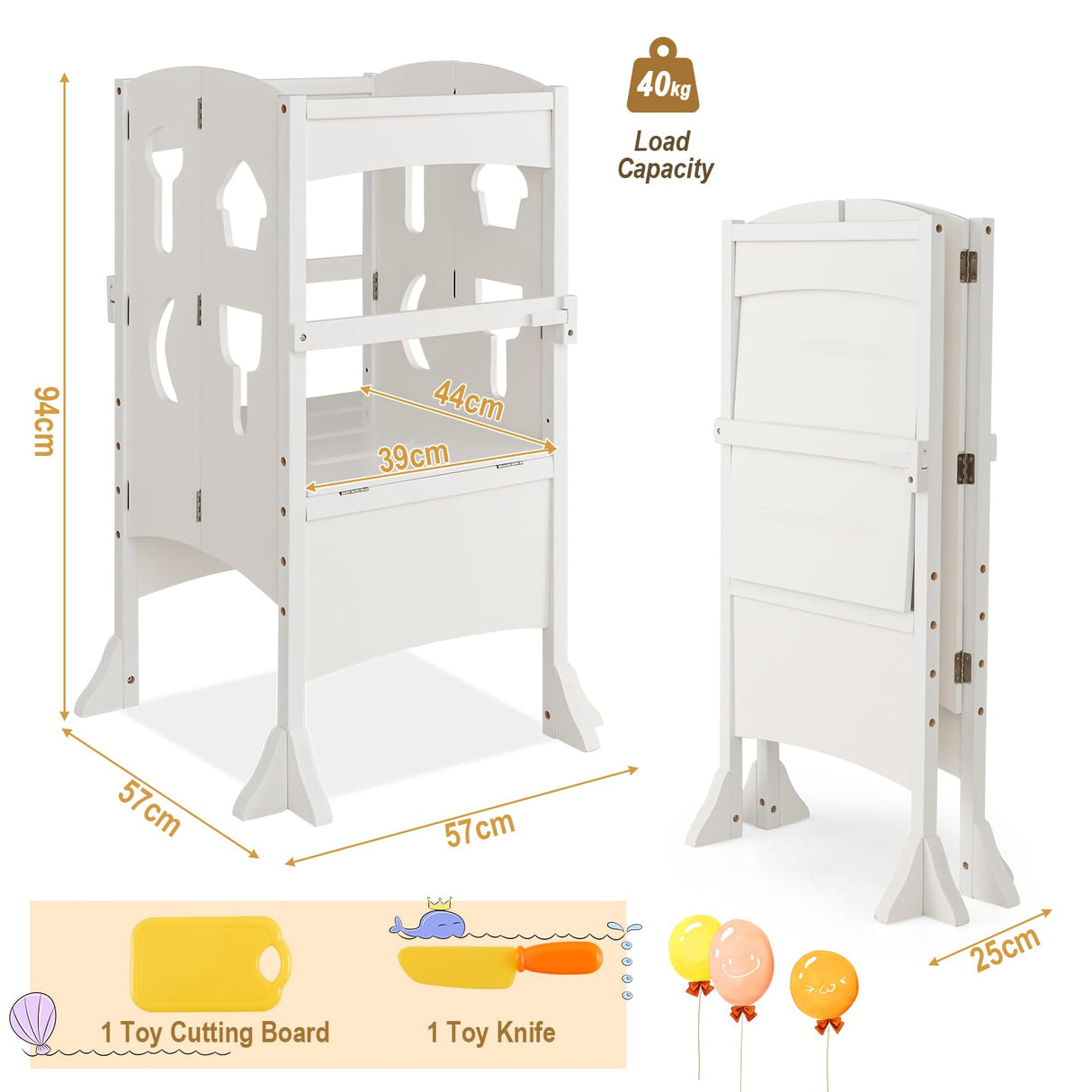 BABY JOY Kids Foldable Kitchen Step Stool, Solid Wooden Standing Learning Stool w/Lockable Safety Rail