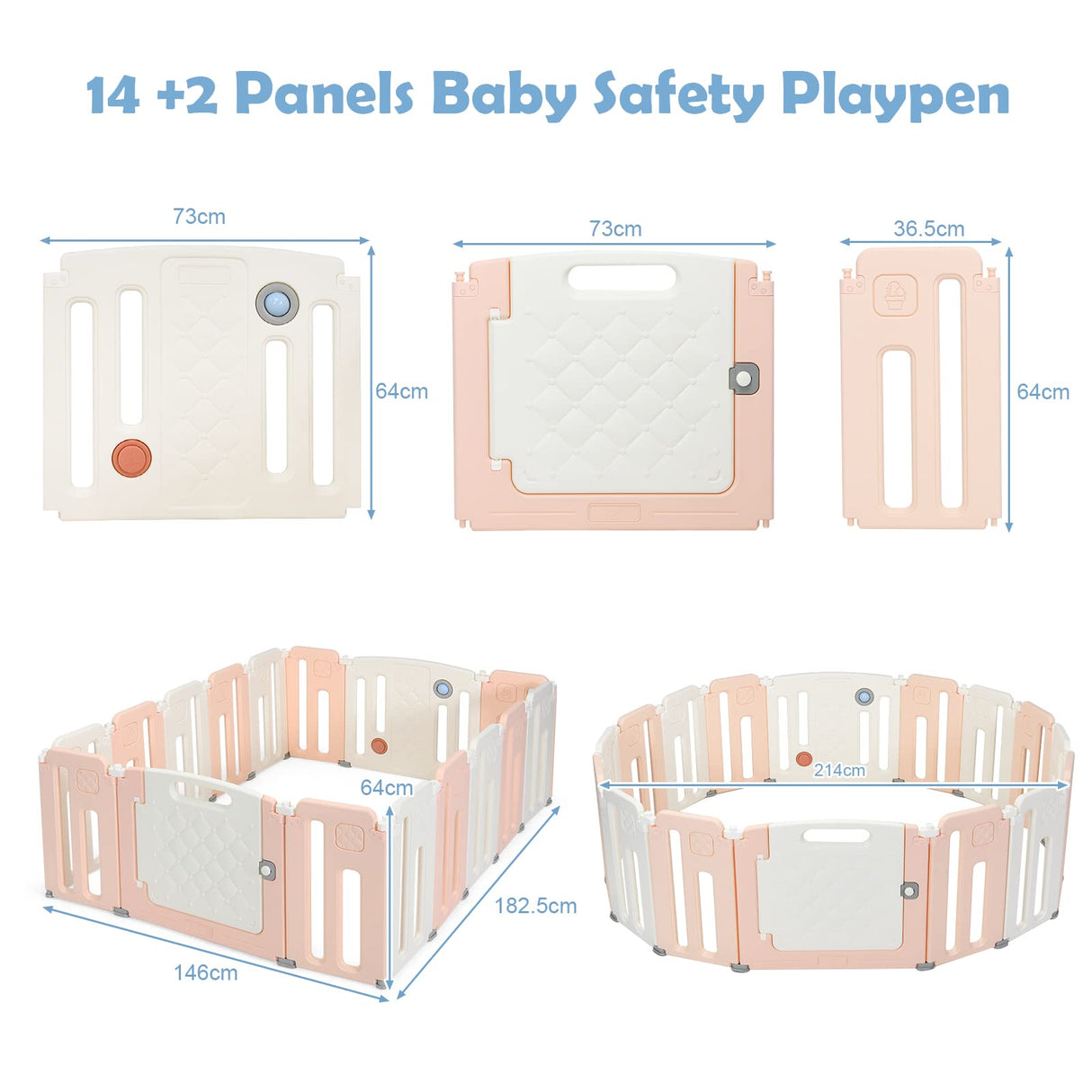 BABY JOY 16 Panel Baby Playpen, Foldable Activity Play Center with Safety Gate, Whiteboard, Game Panel (Pink)