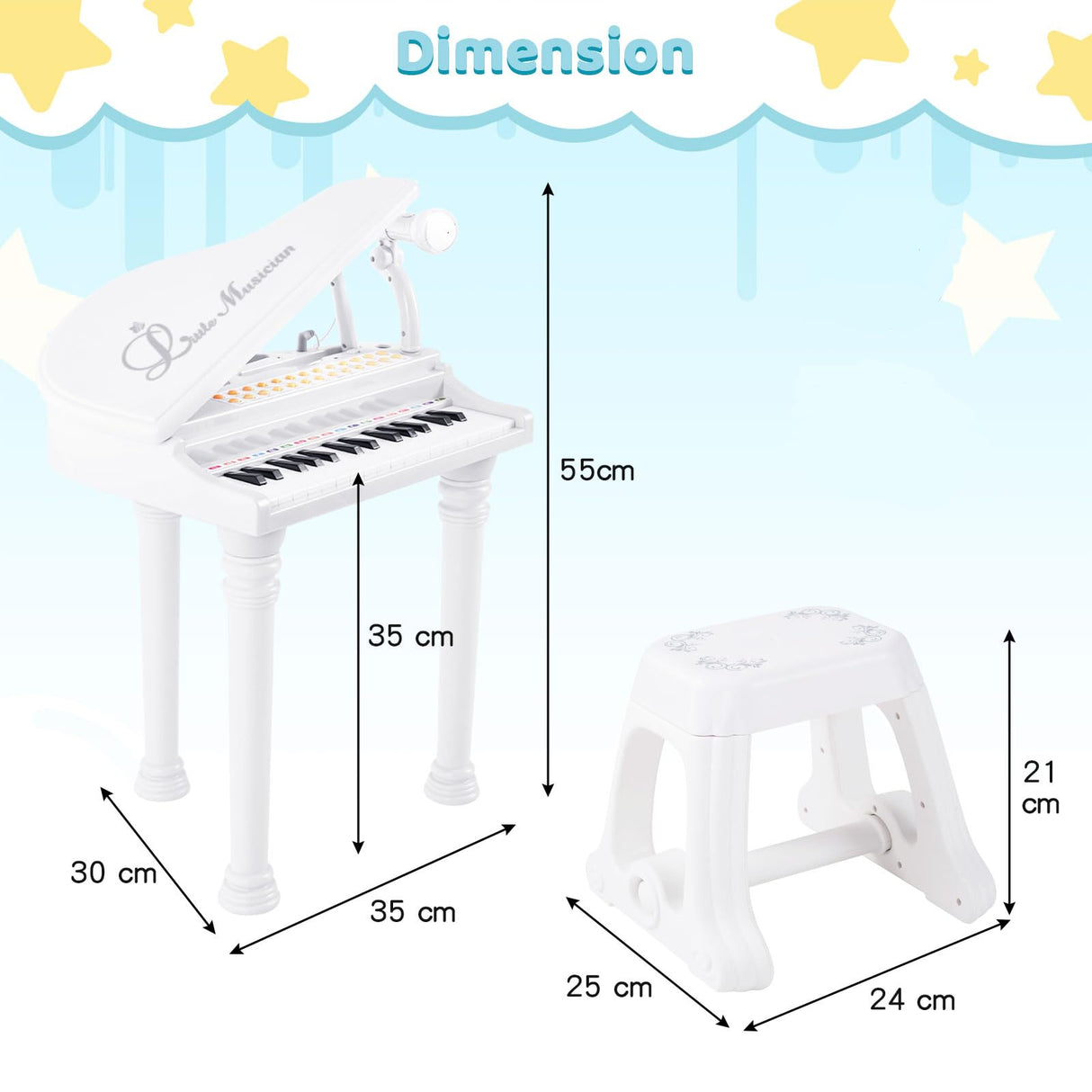 HONEY JOY 31 Keys Kids Piano Keyboard with Stool, Multifunctional Toy Piano with Microphone (White)