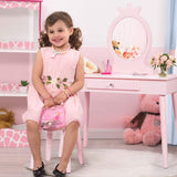 HONEY JOY Kids Vanity Set with Real Mirror & Cushioned Stool, Crown Shape Princess Makeup Dressing Table Stool Set