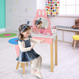 HONEY JOY 2 in 1 Kids Vanity Set w/Mirror, Cute Bunny Princess Makeup Dressing Table Stool