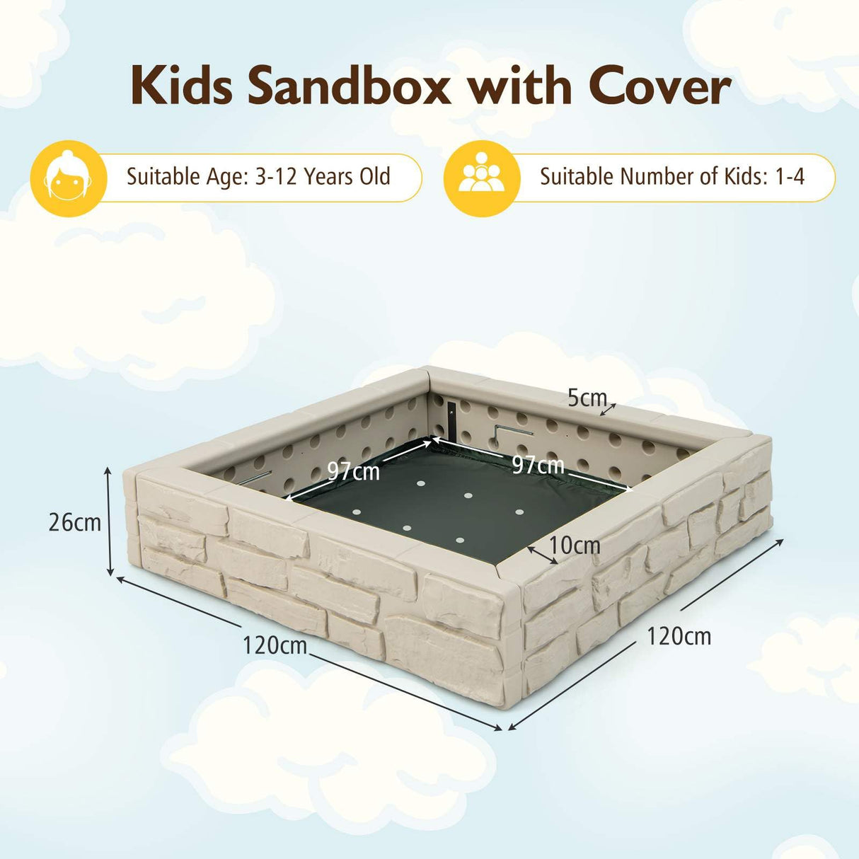 HONEY JOY 2-in-1 Kids Sandbox Outdoor Play HDPE Sandpit w/Waterproof Cover