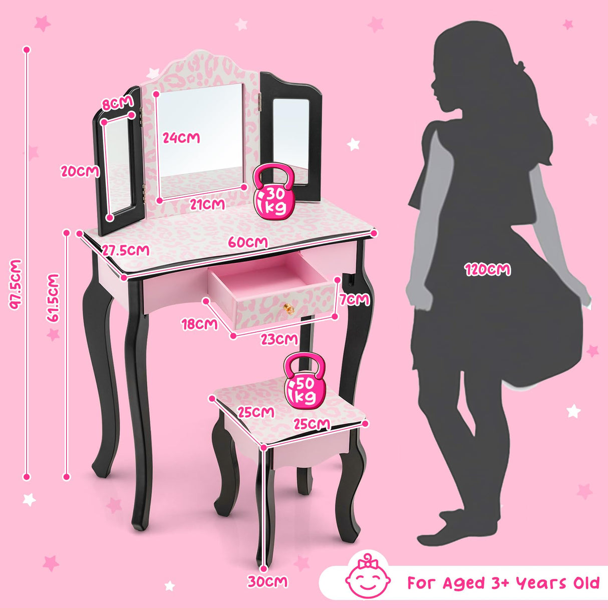 HONEY JOY Kids Vanity Table & Stool Set, Pretend Play Beauty Makeup Dressing Table w/Tri-Folding Mirror & Single Drawer