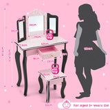 HONEY JOY Kids Vanity Table & Stool Set, Pretend Play Beauty Makeup Dressing Table w/Tri-Folding Mirror & Single Drawer