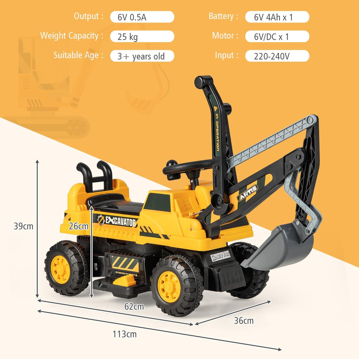 HONEY JOY Kids Ride On Car, 6V Excavator Toy for Children w/Rotating Seat