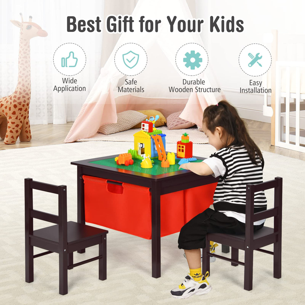 HONEY JOY Kids Table, Wooden Activity Desk for Children w/Storage Drawers, 2 in 1 Building Block Tabletop