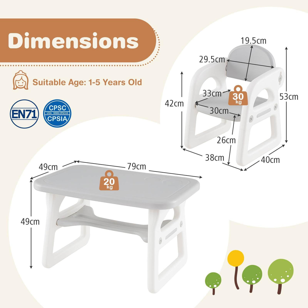 Kids Table and Chairs Set, Toddler Activity Table with 2 Chairs for Reading, Drawing, Playing, Storage Rack