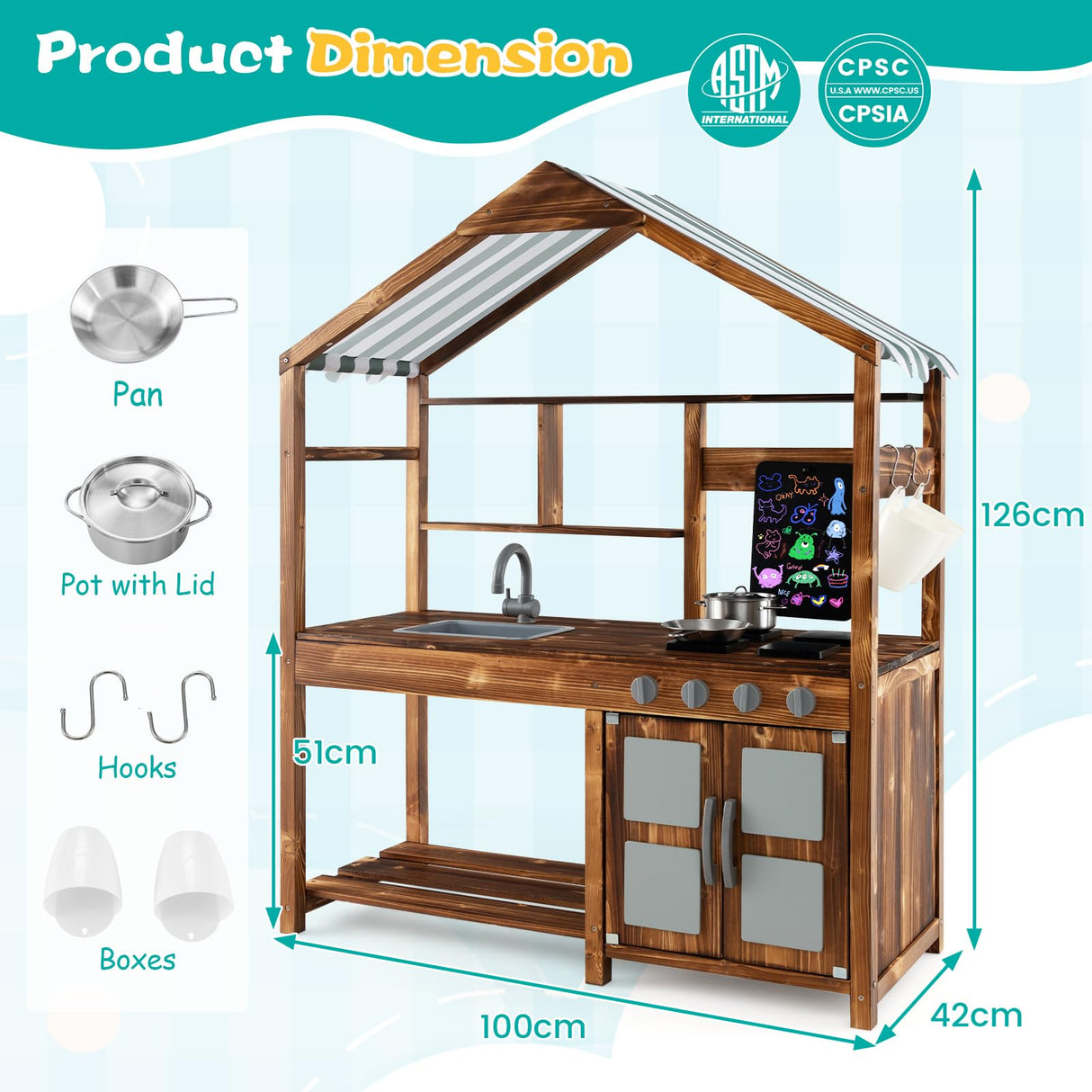 HONEY JOY Wooden Mud Kitchen, Outdoor Play Kitchen with Roof, Chalkboard, Stoves, Removable Sink and Kitchen Accessories