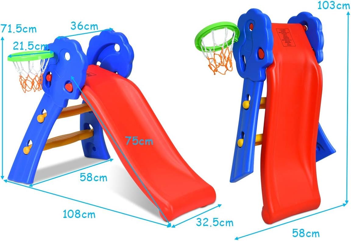 HONEY JOY Kids Slide with Basketball Hoop, 2 in 1 Foldable Slide and Climber for Children for Indoor and Outdoor Use