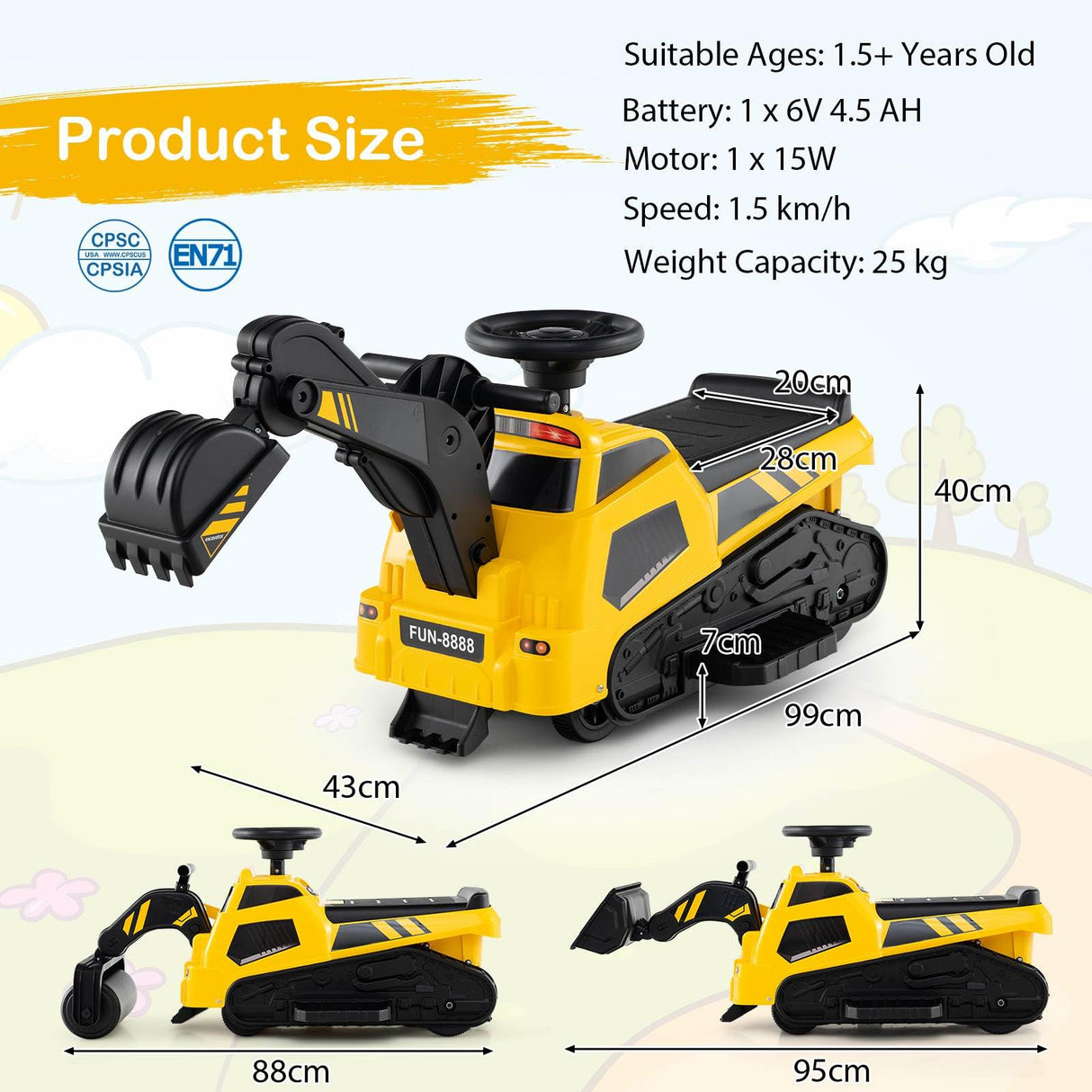 HONEY JOY 3-in-1 Kid Ride on Tractor w/Adjustable Arms, Electric Excavator Bulldozer Toy Road Roller w/Music