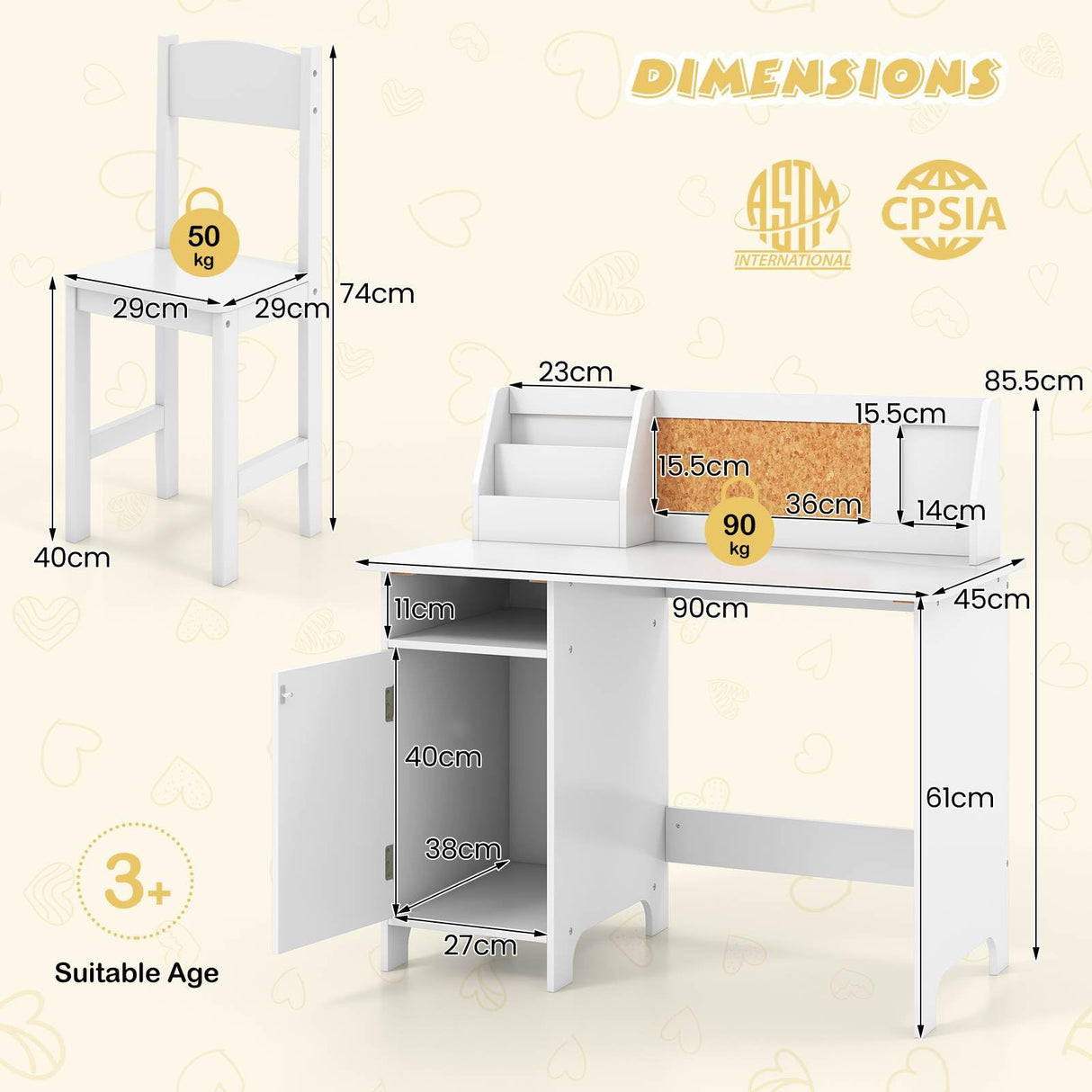 Kids Table and Chair Set Activity Play Study Desk w/Bookshelf & Storage Cabinet