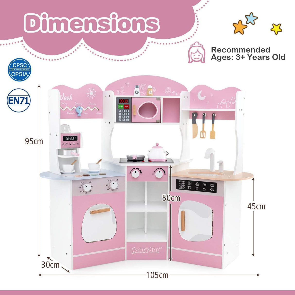 HONEY JOY Corner Wooden Play Kitchen, 18 PCS Pretend Kitchen Playset w/Coffee Machine